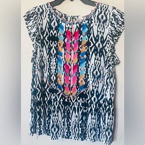 Savanna Jane Black White Ikat Blouse with Pink Blue Accent